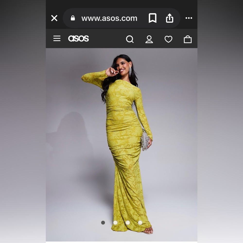 ASOS Design Devore Long Sleeve Ruched Maxi Dress in lime.